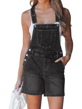 Women's Washed Black Summer Loose Fit Baggy Jean Shorts Overall Denim Jumpsuits